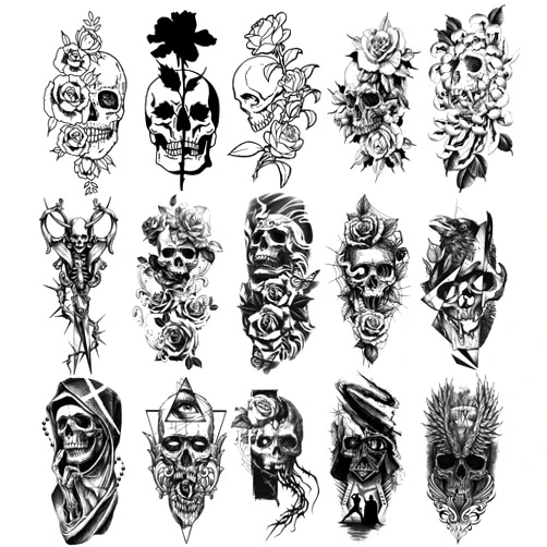 PADOUN Halloween Temporary Tattoo, 15-Sheet Black Skull Rose Flower Tattoos Temporary Realistic, Waterproof Girls Tattoos Temporary for Kids Adult