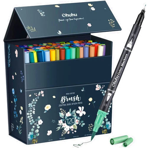Ohuhu Markers for Adult Coloring Books No bleeding 120 Colors Coloring Markers Water-based Dual Tips Fineliner & Brush Drawing Pens Art Markers for Kids Adults Sketch Journal - Maui - Black