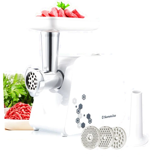Sunmile Electric Meat Grinder and Sausage Maker - 1HP 1000W Max - Stainless Steel Cutting Blade and 3 Grinding Plates,1 Big Sausage Staff Maker, White