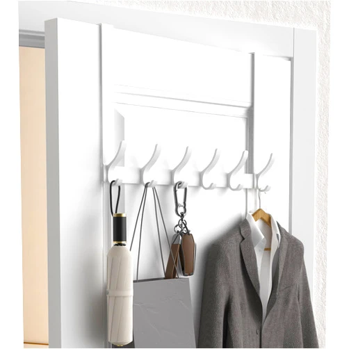 KitchLife Over The Door Hooks Hanger with 11 inches Extended Arms for Easy Access by Women, No Assembly Required - Bathroom Accessories and Towel Rack Organization, 1 Pack 6-Double Hook, Glossy White