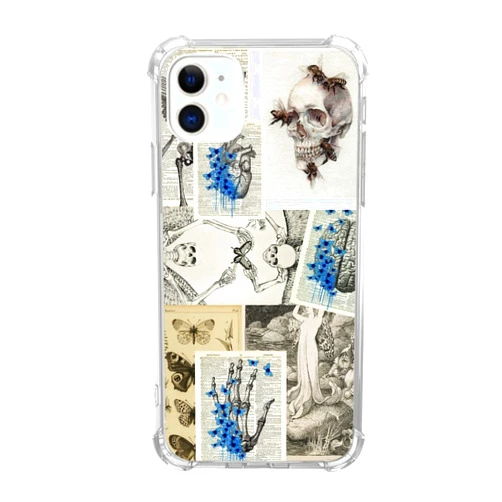 Veakgpligo Skull and Blue Butterfly Phone Case Compatible with iphone 11，Vintage Newspaper Skull Bones Phone Cover for Girl Women Men,Unique Soft TPU Bumper Case Cover