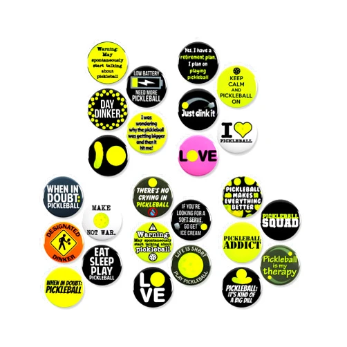 WACKYBUTTONS.COM YOUR SOURCE FOR QUALITY BUTTONS Pickleball Pinback Buttons – Durable Round Metal Badges - Funny & Bold Pickleball-Themed Pins for Players, Fans, Tournaments & Everyday Wear – Great for Backpacks & Lanyards – 1.5 Inch (25 Pack)