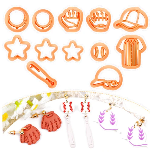 Puocaon Baseball Polymer Clay Cutters - 12 Pcs Sportswear Clay Cutters for Polymer Clay Jewelry, Star Baseball Cap Bat Clay Cutters for Earrings Making, Baseball Glove Polymer Clay Cutters for Earring