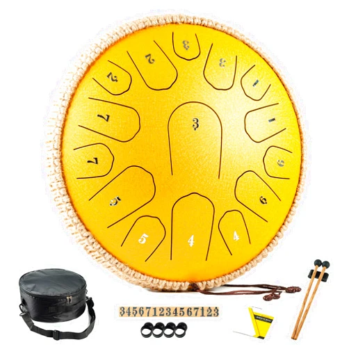 HOPWELL Steel Tongue Drum - 13 Inches 15 Notes Tongue Drum - Hand Pan Drum with Music Book, Drum Mallets and Carry Bag, D Major (Yellow)