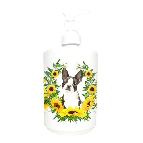 Caroline's Treasures CK2984SOAP Boston Terrier in Sunflowers Ceramic Soap Dispenser Hand Soap Dispenser Pump Bottles for Bathroom Kitchen, Empty Refillable Liquid Soap Container
