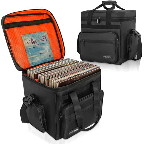 BQKOZFIN Vinyl Record Carrying Bag Travel Storage Case for Vinyl Albums Holds up to 60+ LP Records