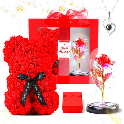 Generic Birthday Rose Gifts for Women- Artificial Flower Rose Gift for Girlfriend Mom,Rose Bear LED Rose lamp Gifts Ideas- Best Gift Boxes for Valentine's Day,Mother's Day (Rose Bear+LED Rose lamp+Necklace)