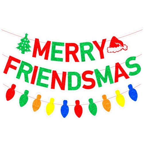 JKQ Red Green Glitter Merry Friendsmas Banner and Colorful Light Bulb Banner Friends Christmas Dinner Party Garland Banner Friendsmas Merry Christmas Holiday Party Fireplace Decorations