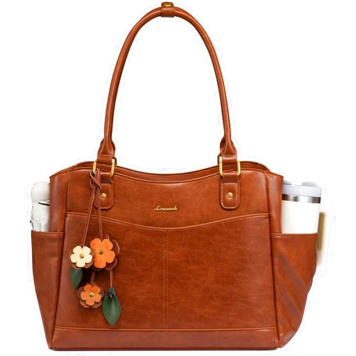 LOVEVOOK Laptop Bag for Women, Leather Vintage Work Tote Bag Computer Office Teacher Bag with Large Cup Holder