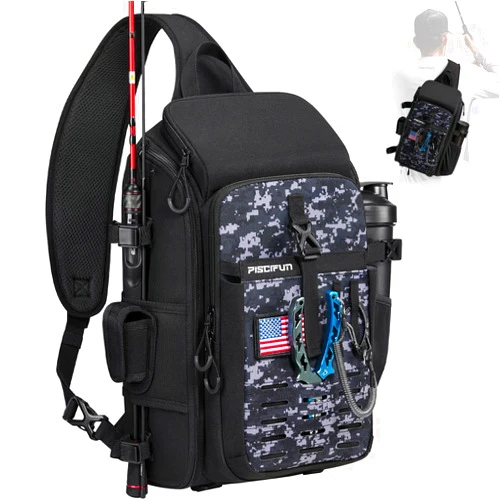 Piscifun Fishing Sling Tackle Bag with Rod & Gear Holder, Lightweight Sling Tackle Storage Bag with Protective Rain Cover, Outdoor Fishing Gear, Black & Camouflage