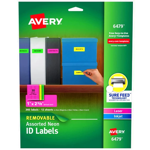 Avery Multipurpose Labels, Removable, Assorted Neon, 1 x 2.625 Inches, Pack of 360 (6479)
