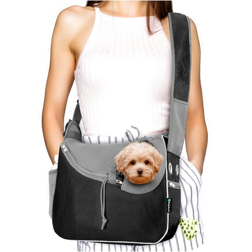 PetAmi Small Dog Sling Carrier, Soft-Sided Crossbody Puppy Carrying Purse Bag, Adjustable Sling Pet Pouch to Wear Medium Dog Cat Travel, Dog Bag for Traveling, Breathable, Poop Bag Dispenser, Black