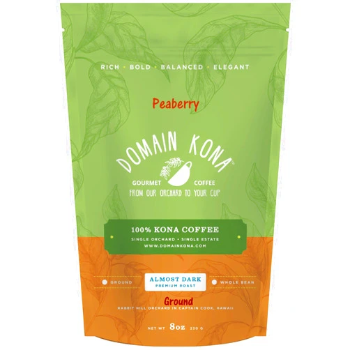 DOMAIN KONA 100% Kona Coffee PEABERRY – GROUND, Almost Dark roast, Single estate gourmet coffee, 8 ounces, ships direct from Domain Kona Coffee, farm fresh