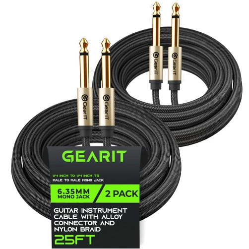 GearIT Guitar Instrument Cable (15ft 2-Pack) 1/4 Inch to 1/4 inch TS Straight Male to Male 6.35mm Mono Jack with Alloy Connector and Nylon Braid