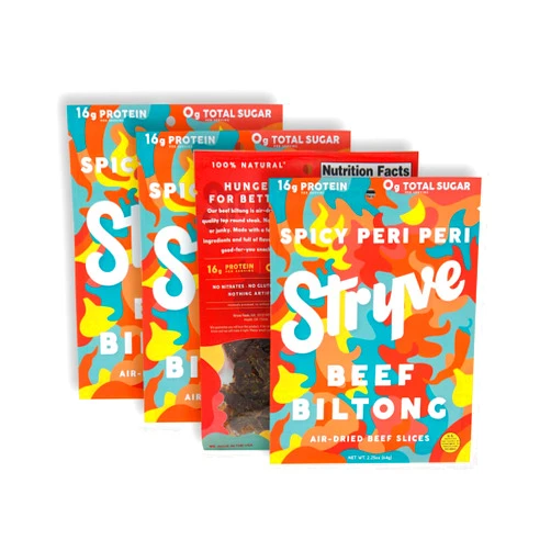 Stryve Protein Snacks Stryve Biltong, Beef Jerky without the Junky. 16g Protein, Sugar Free, No Carbs, Gluten Free, No Nitrates, No MSG, No Preservatives. Keto and Paleo Friendly. Spicy Peri Peri, 2.25oz 4-Pack