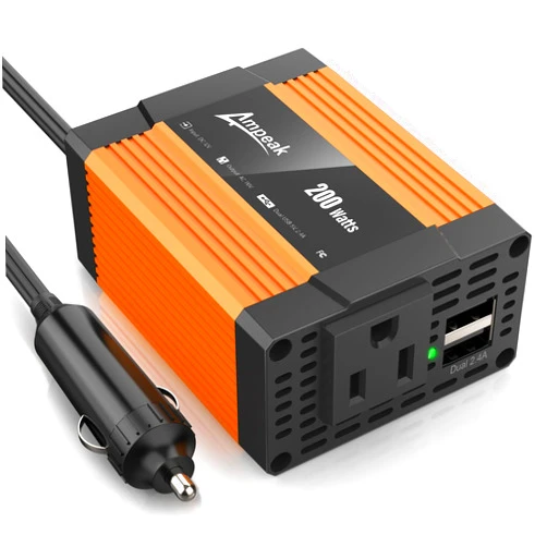 Ampeak 200W Car Power Inverter 4.8A Dual USB Ports AC Outlet Car Inverter DC 12V to AC 110 Car Plug Adapter
