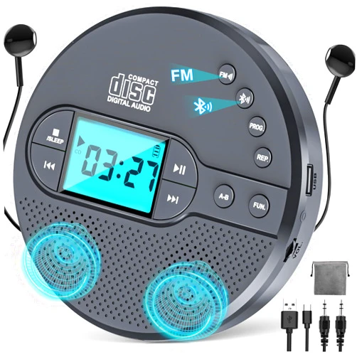 AFU 2000mAh Rechargeable Discman CD Player:Walkman CD Player with Bluetooth FM Transmitter,Headphones,LCD Screen,AUX,Built-in Speaker,USB-Portable Personal CD Player Anti-Skip Protection for Car
