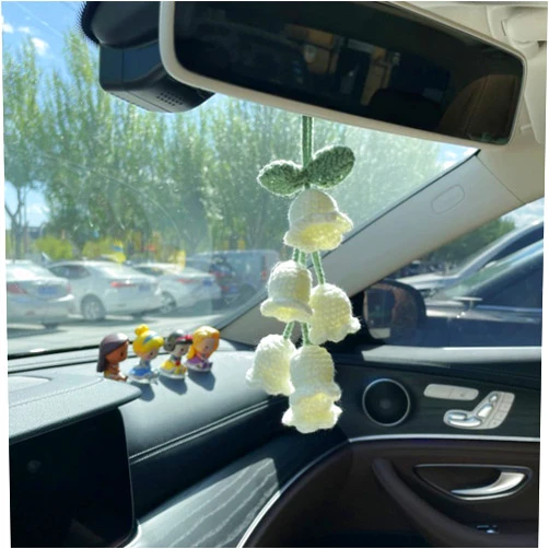 Lutoku Cute White Crochet Convallaria Car Mirror Hanging Accessories,Car Accessories Interior Aesthetic,Handmade Crochet Car Hanging Accessories for Women