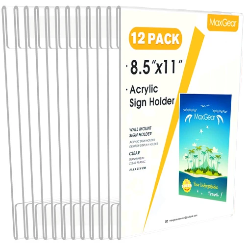 MaxGear 12 Pack Acrylic Sign Holder 8.5 x 11 Wall Mount Sign Holder with Double-Sided Tape, Clear Plastic Sign Holders, Plexiglass Document Flyer Acrylic Frame for Office, Home, Store, Restaurant