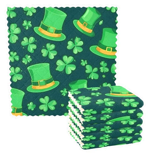 ALAZA St Patrick's Day Hats Clovers 6 Pack Dish Towels, Absorbent Dishcloths Kitchen Cloth Reusable Dishtowels Washable Tea Towels Table Cleaning Cloths