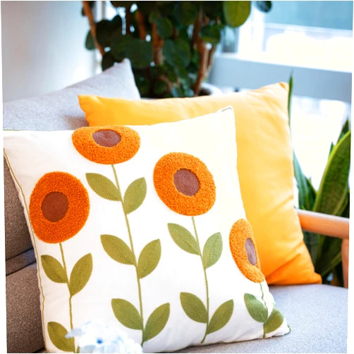 Generic Homie Living Floral Sunflower Boho Throw Pillow Covers Set, Decorative Embroidered Throw Pillowcases Set, for Couch Sofabed Living Room Bedroom, Set of 2, 18x18 Inch