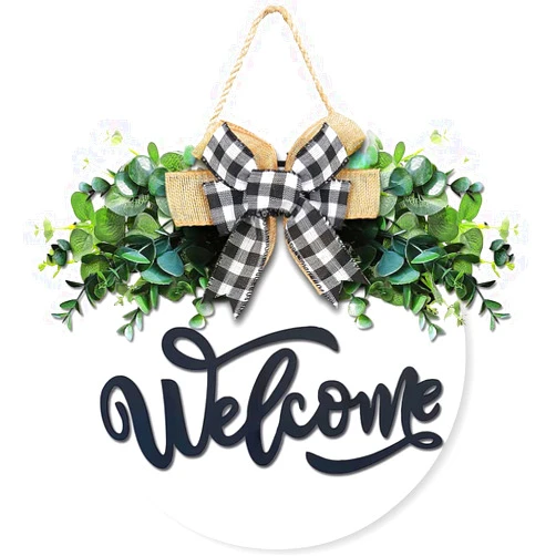 Oscenlife Welcome Sign for Front Door, Front Door Decor for Farmhouse Porch, Rustic Welcome Wreaths with Stapled Greenery, Round Wooden Hanging Sign Housewarming Gift for Home Outdoor Indoor (White)