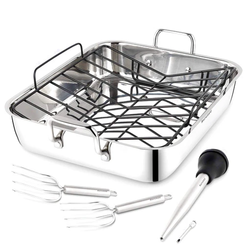 Rorence Roasting Pan with Rack: 16-Inch Stainless Steel Rectangular Turkey Roaster pan with Nonstick V-Shaped Rack for Thanksgiving Christmas – Set of 5