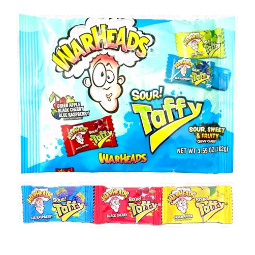 Warheads Sour Taffy Chewy Candies 3.59oz, Individually Wrapped Fruit Flavored Chews in Black Cherry, Blue Raspberry, and Green Apple