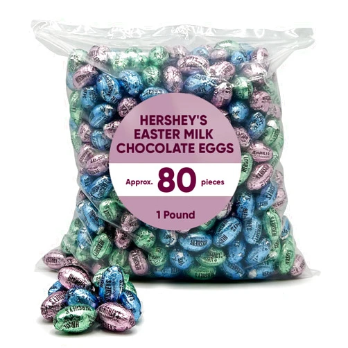 CHAIN & JO SWEETS Hershys Chocolate Easter Eggs Milk Chocolate Candy Pastel Colors - 1 Pound Approx 80 Pieces - Bulk Candy Individually Wrapped Milk Chocolates in Blue, Pink, Green Foil Pastel Color Foil - Easter Candy Eggs Celebrations Chocolate - Hershys Chocolates For Gifting Chocolate Candy For Easter Basket Stuffers - Perfect Snacks for Adults & Kids