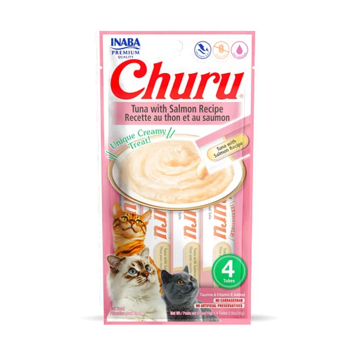 INABA Churu Cat Treats, Grain-Free, Lickable, Squeezable Creamy Purée Cat Treat/Topper with Vitamin E & Taurine 0.5 Ounces Each Tube, 4 Tubes, Tuna with Salmon Recipe