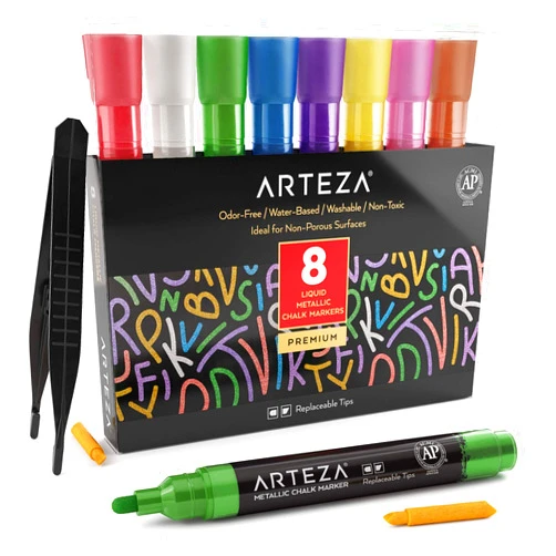 ARTEZA Liquid Chalk Markers, Set of 8, Metallic Colors, Erasable