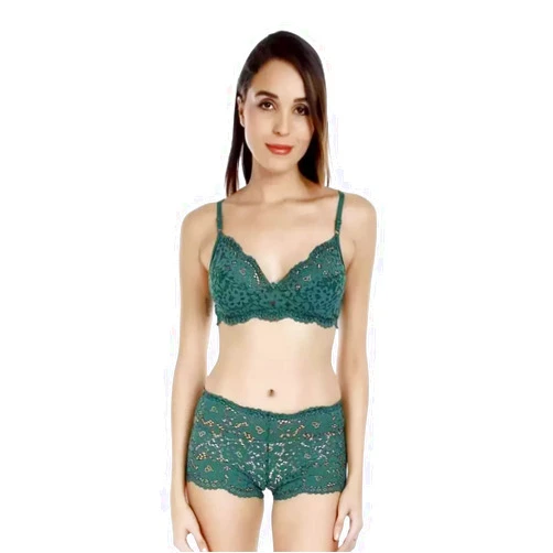 Akmad Cotton Blend Fancy Bra Set for Women Size 32 B Two piece Set Green color new