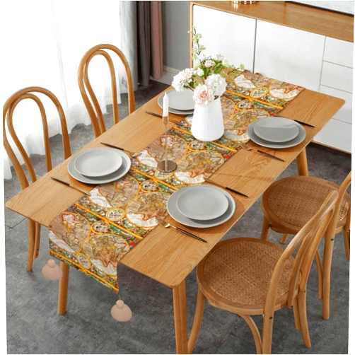 Pevtufa Linen Table Runner, Farmhouse Macrame Table Runners 14 X 60inches for Dining Table Decor, Wedding, Party and Dresser Decor-World Map