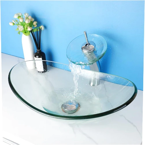 Focitland 22 Inch Bathroom Vessel Sink with Waterfall Sink and Pop-Up Drain Combo,Clear Glass Sink Bowl Tempered Glass Sink Above Counter Oval Bathroom Sink Basin