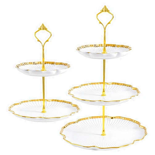 PLAZOTTA Set of 2 Porcelain Cupcake Stand Ceramic Dessert Stand, White Flower Shaped Tiered Serving Trays, 3 Tiers Cake Stand Party Serving Trays, Fruit Pastry Holders for Wedding and Party