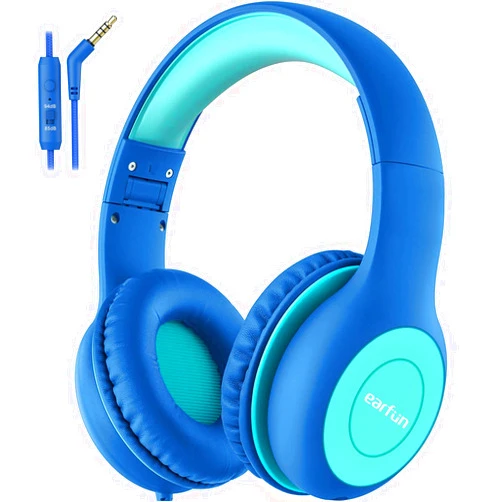 EarFun Kids Headphones Wired with Microphone, 85/94dB Volume Limit Headphones for Kids, Portable Wired Headphones with Shareport, Stereo Sound Foldable Headset for School/Tablet/iPad/Kindle Blue Green