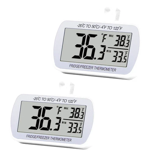 RIY Digital Refrigerator Thermometer 2 Pack Fridge Freezer Room Thermometer Waterproof Large LCD Display Max/Min Record Function, White