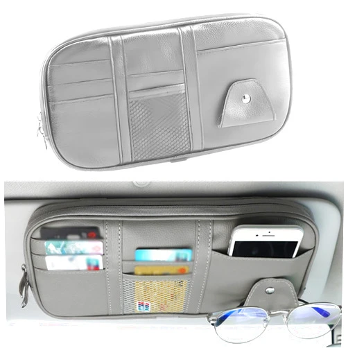 Tesnaao 1 PC Multifunctional Car Sun Visor Storage Pouch with Zipper, 11.4In x 5.9In Large Capacity Leather Vehicle Visor Accessories for Card Glasses, Universal Car Interior Organizer (Gray)