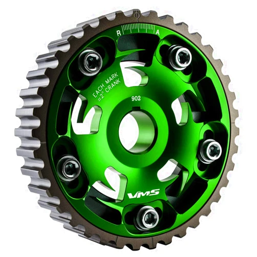 VMS RACING Adjustable Fang CAM GEAR in GREEN Anodized Machined CNC Billet Aluminum Compatible with Honda Civic D15 D16 1.5L 1.6L SOHC 96-00 1996-2000