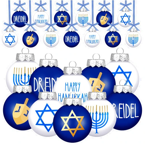Liliful Set of 12 Hanukkah Ball Ornaments White and Blue Jewish Hanukkah Decorations Menorah Star of David Chanukah Ornaments for Christmas Tree Dreidel Happy Hanukkah Hanging Balls (3.15 Inches)
