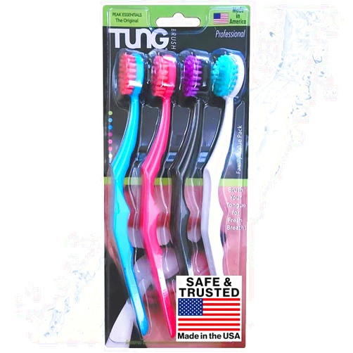 Peak Essentials The Original TUNG Brush Tung Plastic Tongue Scraper, Tongue Brush, Tongue Cleaner for Adults, Scrubber, Plastic, Fight Bad Breath and Halitosis | Mouth Odor Eliminator, Tongue Scraper Cleaner, Made in America, 4-Pack