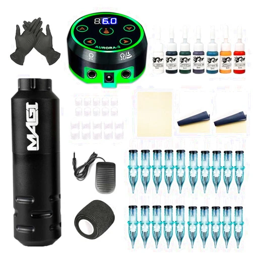IFERO Professional Tattoo Machine Kit Complete Rotary Machine Tattoo Pen Set with Aurora II Tattoo Power Supply and Cartridge Needles Ink Set Tattoo Supplies for Beginners and Artists (Black)