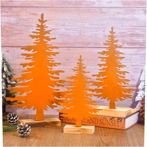 IDATOO 3 Pcs Metal Christmas Tree Tabletop Decor, Rustic Steel Pine Trees Table Centerpieces, Christmas Tree Art Holiday Fall Decoration, with Wood Base for Xmas Fall Winter Holiday (Yellow)