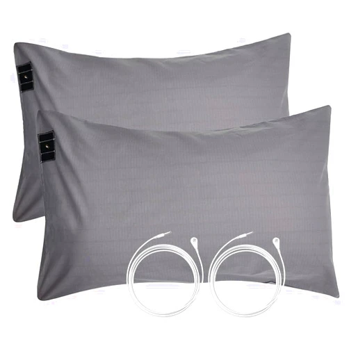 GRUENERDE 2pcs Grounding Pillowcases Queen Conductive 10% Silver Fiber Grounding Pillow Cover with 15ft Cord Organic Cotton Improve Sleep Gray 20x30in