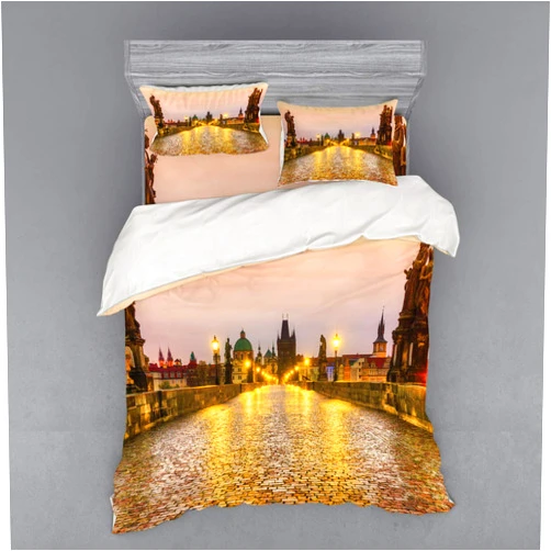 Ambesonne Landscape Duvet Cover Set, Charles Bridge Old Town Prague Czech Republic with Classic Medieval Buildings, 4 Piece Bedding Set with Shams and Fitted Sheet, Queen Size, Yellow Brown