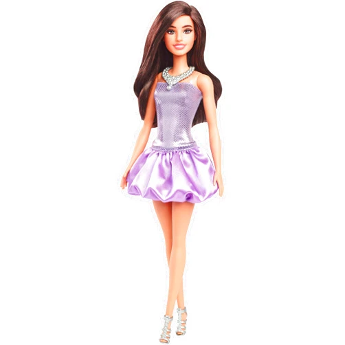Barbie Fashionistas Doll #234 with Brown Hair, Wearing Sequined Purple Bubble Dress with Satiny Skirt, Silvery Necklace and Heels