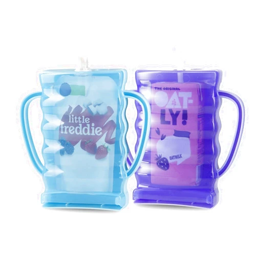 PandaEar 2 Pack Squeeze Proof Food Pouch Holder for Todddlers, Baby Pouch Holder with Handle for Food Pouches and Drink Juice Boxes, Blue/Purple