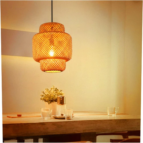 Focolux Farmhouse Rattan Plug in Pendant Light, Height Adjustable Bamboo Ceiling Mount Hanging Lamp with Plug in Cord,Mid Century Hanging Light Fixture for Kitchen Island, Dining Room,Bedroom AMD Living Room