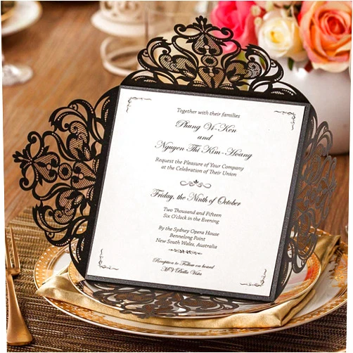 Jofanza 50PCS 6.3 x 6.3 Inch Laser Cut Wedding Invitation Cards with Envelopes Black Lace Invitation Cards for Quinceañera Birthday Bridal Shower Graduation Party Invites