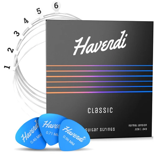HAVENDI® Guitar Strings for classical guitar - brilliant sound quality strings made of nylon for classical guitar coated with silver (6 string set) incl. 3 picks